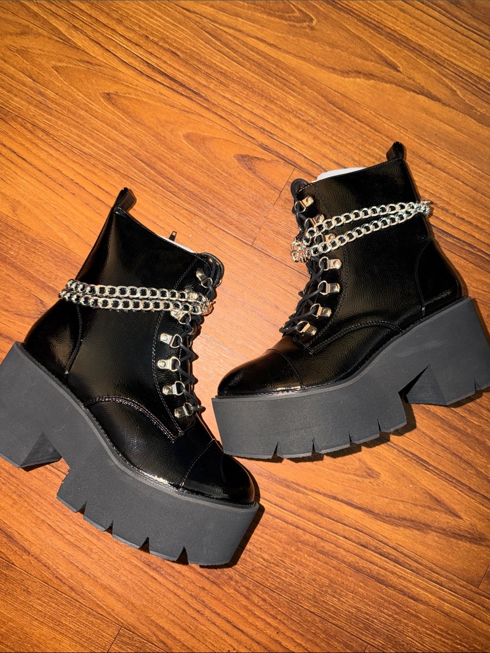 Chunky Black Platform Combat Boots with Chain Detail